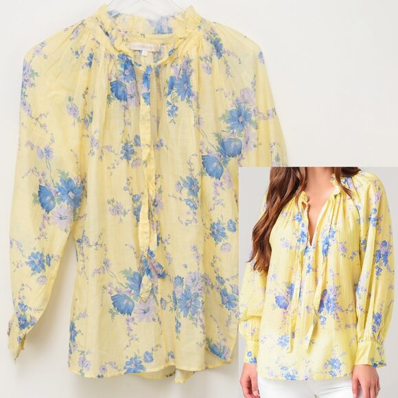 LoveShackFancy Tops - LoveShackFancy Willow Top Sunshower Garden Flowers Cotton Yellow Blue Size Small